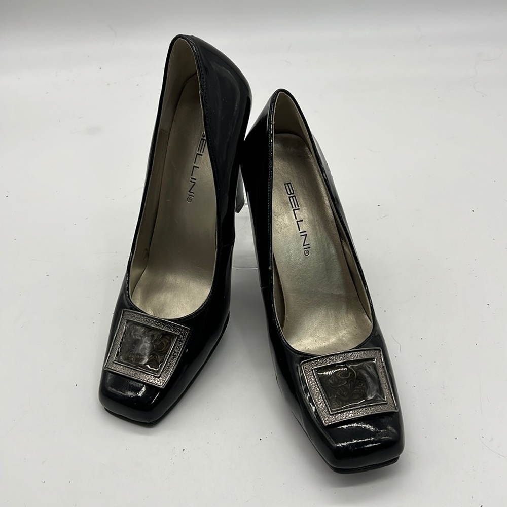 Bellini Kallie faux Black Patent Leather Pump with Square Toe and Chucky Heel